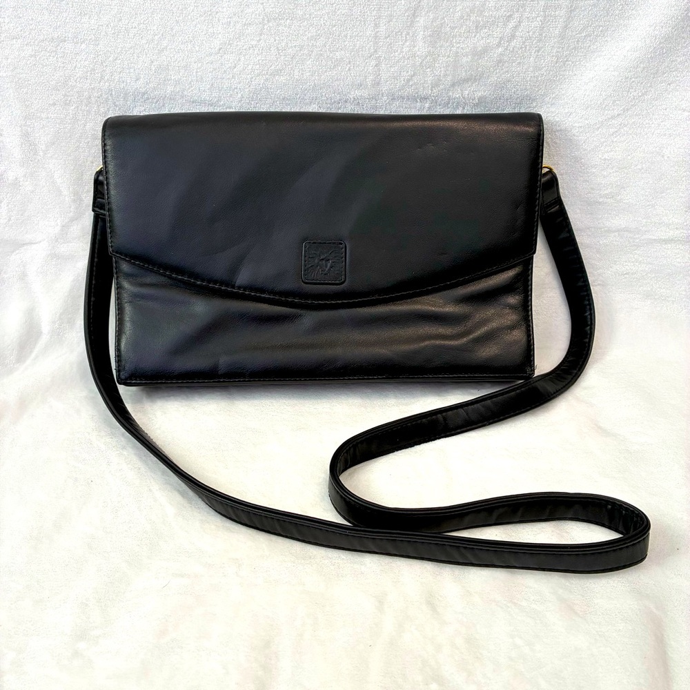 Vintage Anne Klein for Calderon Black Leather Crossbody Clutch Bag Smooth
